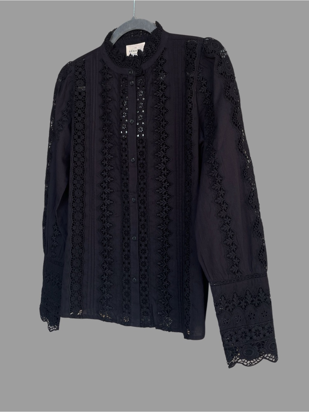 SEZANE NWT Black Floral Embroidered Crochet Lace Button Down Rym Shirt Blouse - Picture 11 of 16